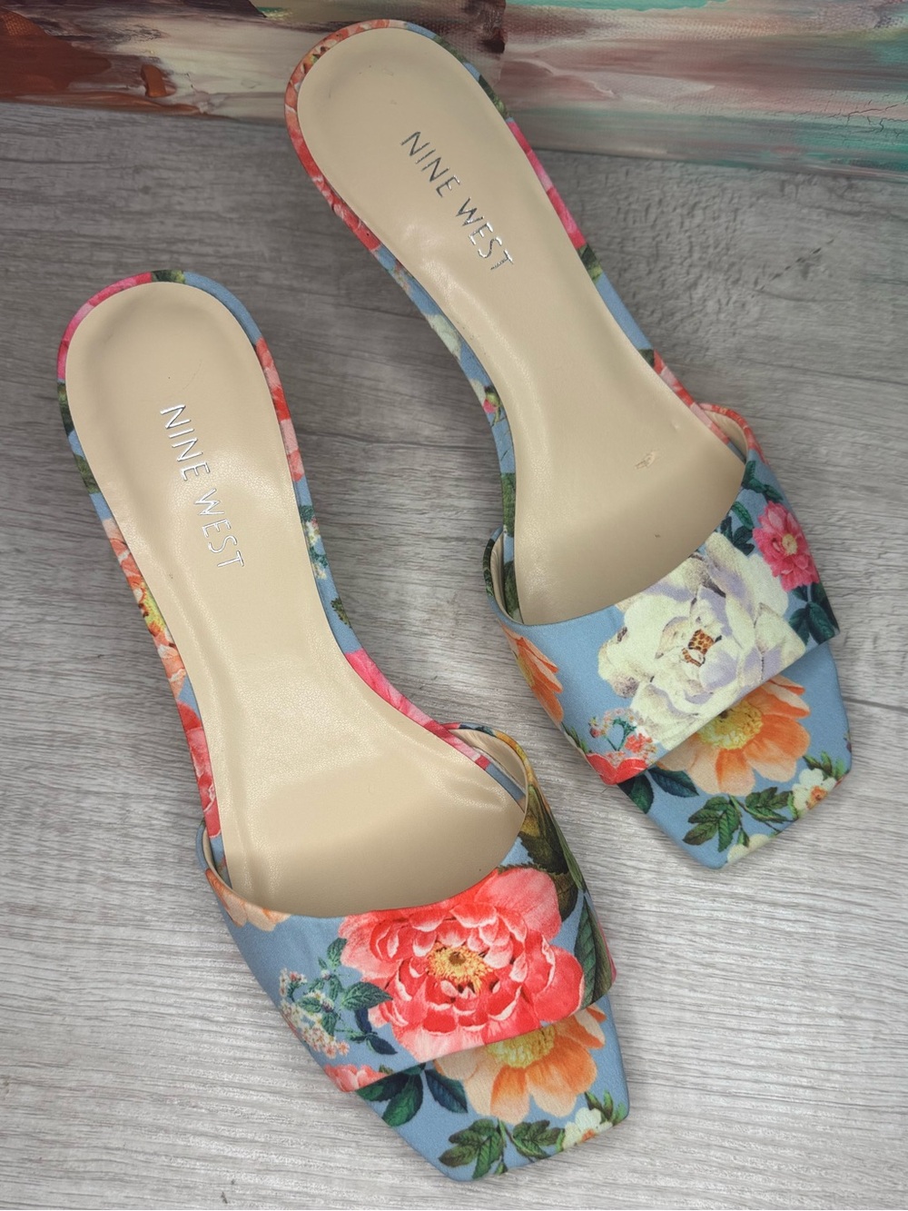 Nine West Floral Slide Mules in Light Blue with Multicolor Blooms - Picture 3 of 8